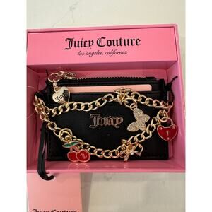 New Juicy Couture Black Card Holder Gold Chain and Charms tags/gift box $42 🍒🦋